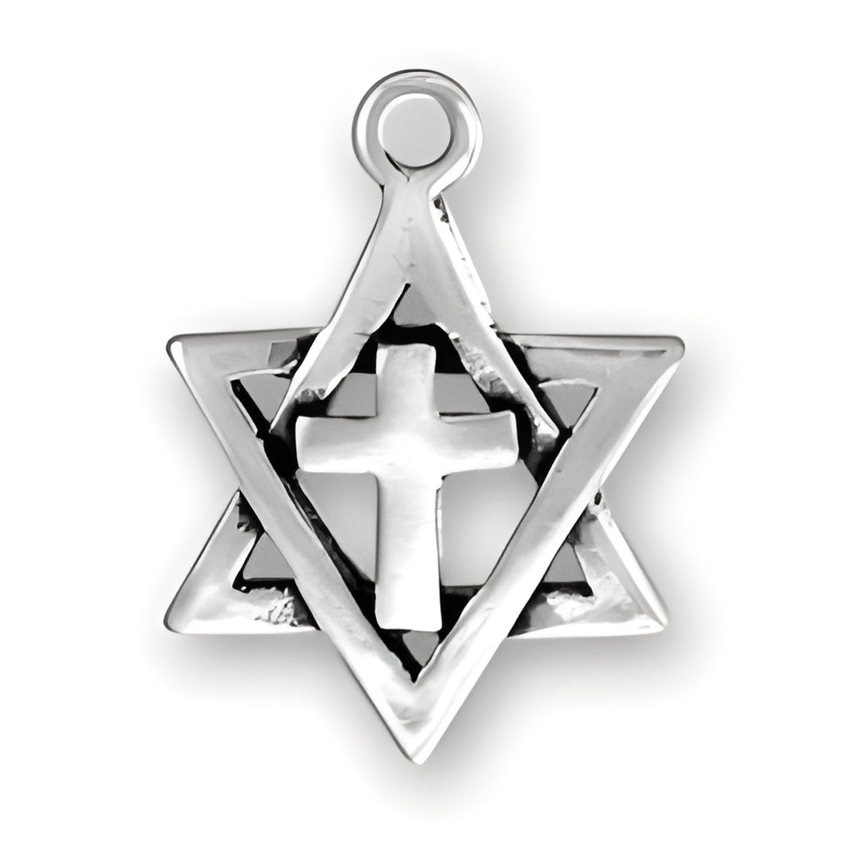 Sterling silver Star of David charm featuring a cross at its center, showcasing intricate design details.