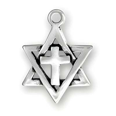 Sterling silver Star of David charm featuring a cross at its center, showcasing intricate design details.