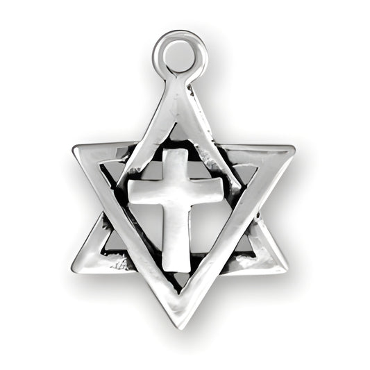 Sterling silver Star of David charm featuring a cross at its center, showcasing intricate design details.