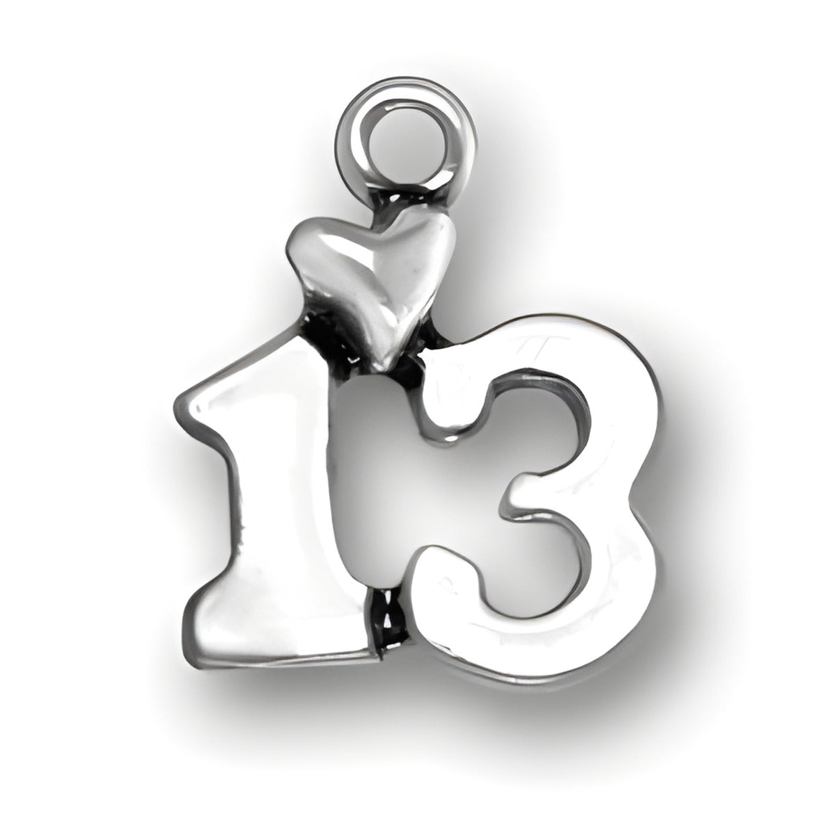 Charm Factory Sterling Silver 13 Charm featuring a stylized number 13 with a heart shape, polished finish.