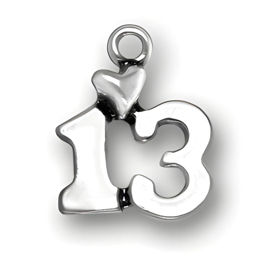 Charm Factory Sterling Silver 13 Charm featuring a stylized number 13 with a heart shape, polished finish.