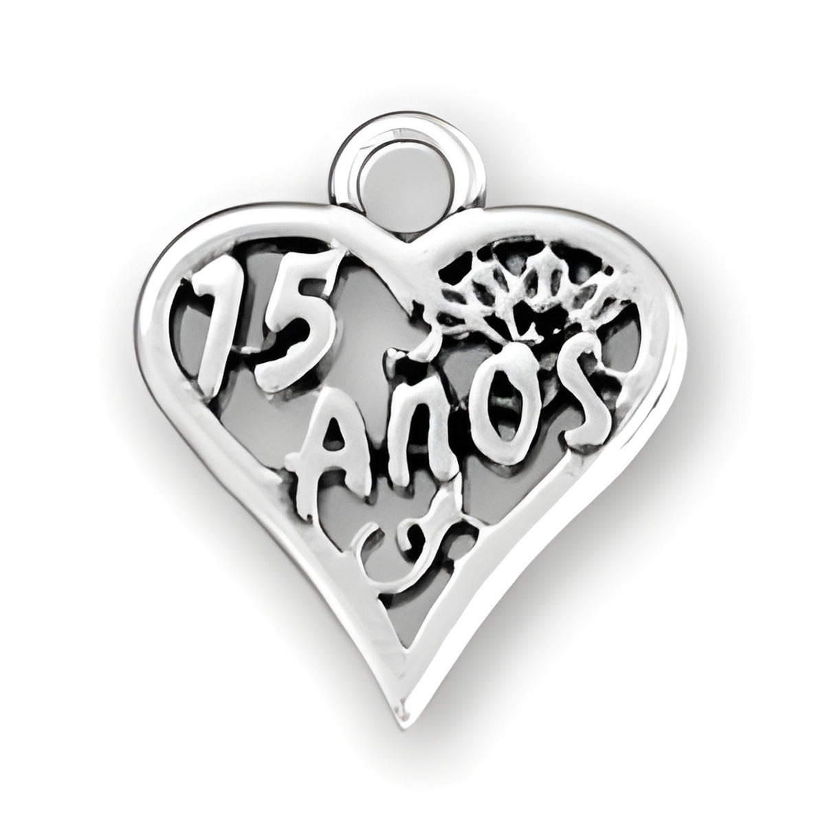 Sterling Silver 15 Años Charm in a heart shape, featuring the text '15 AÑOS' and a decorative design.
