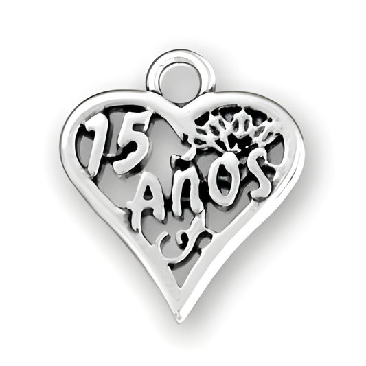 Sterling Silver 15 Años Charm in a heart shape, featuring the text '15 AÑOS' and a decorative design.