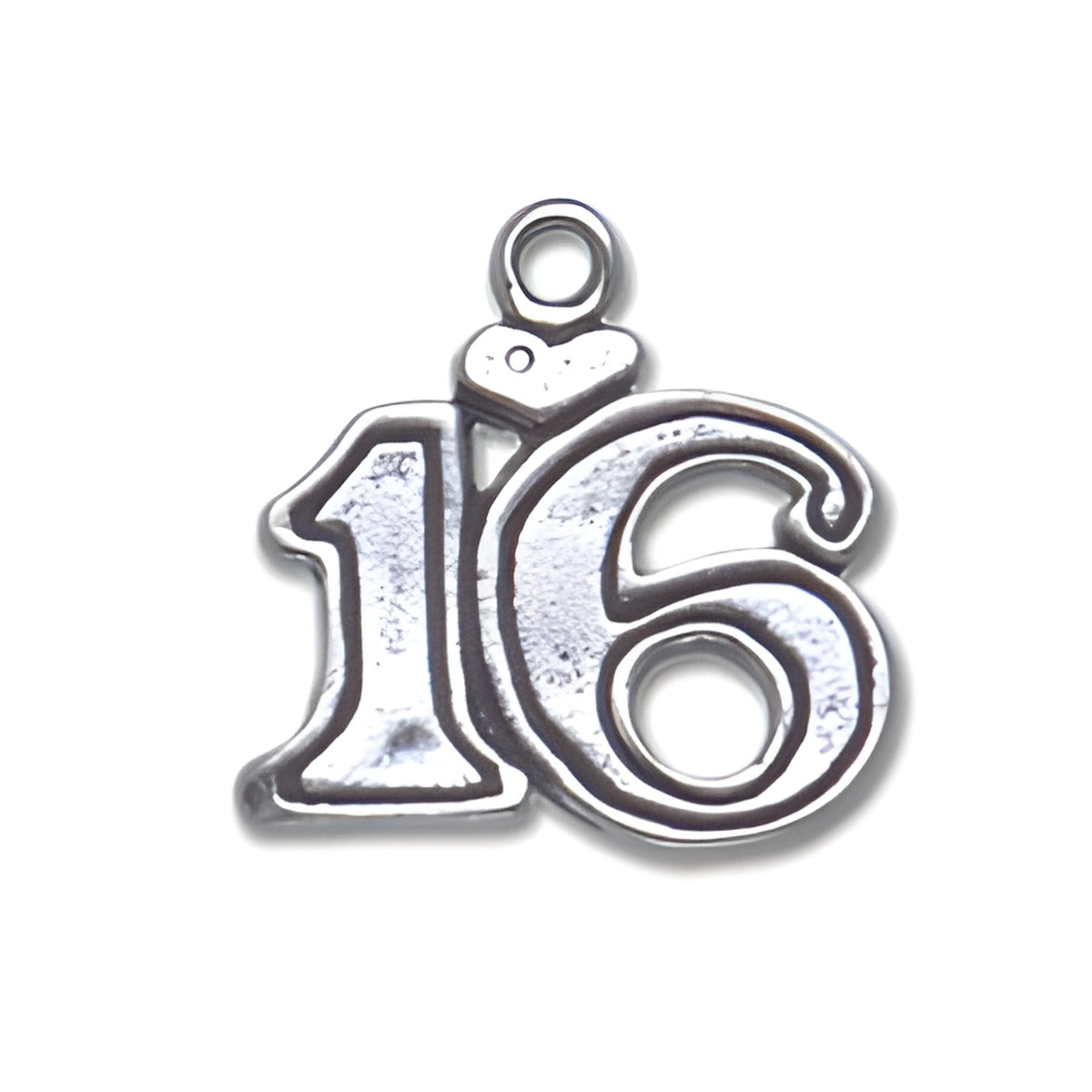 Sterling silver charm featuring the number 16 with a small heart design above it.