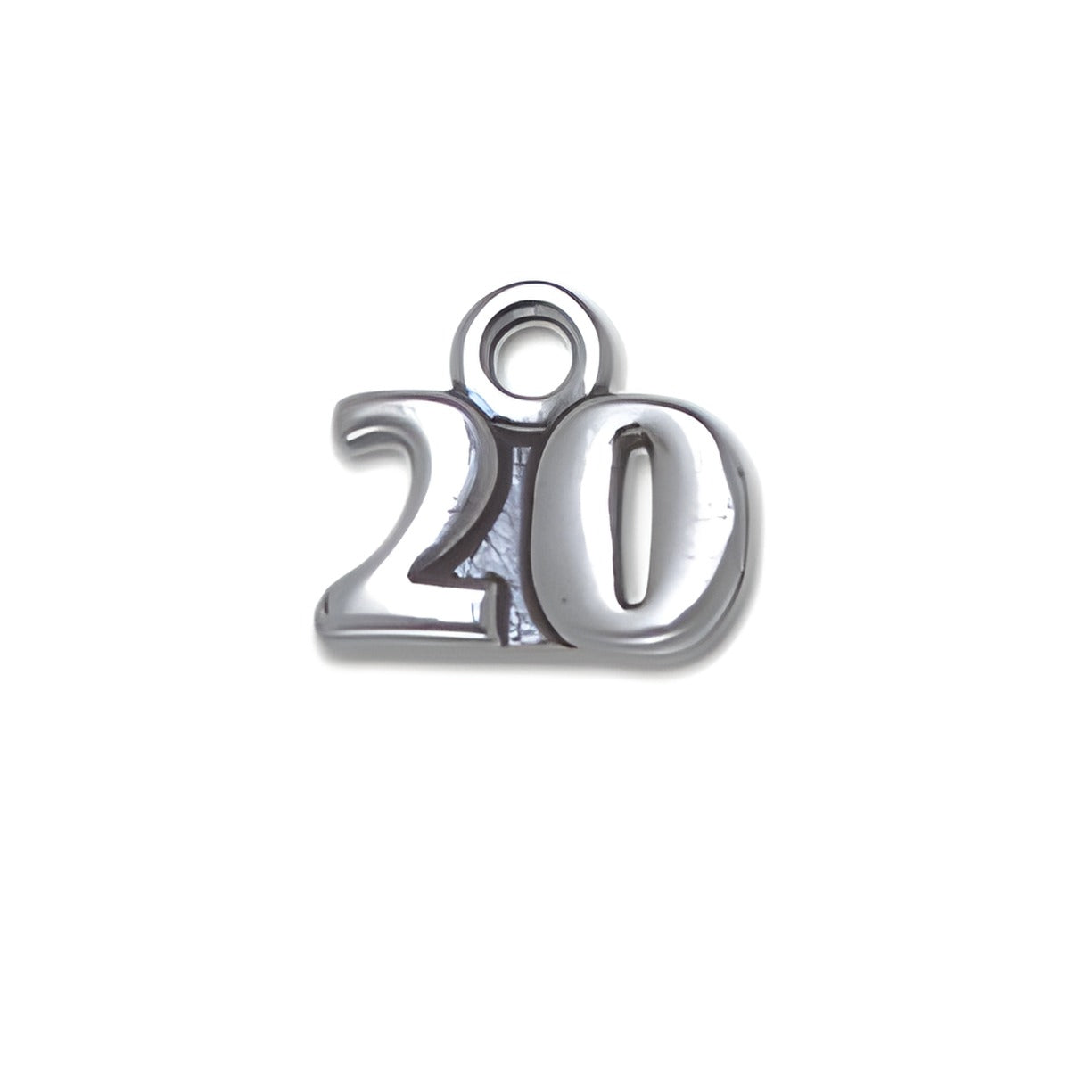 Sterling Silver 20 Charm featuring the number '20' in a polished design with a loop for attachment.