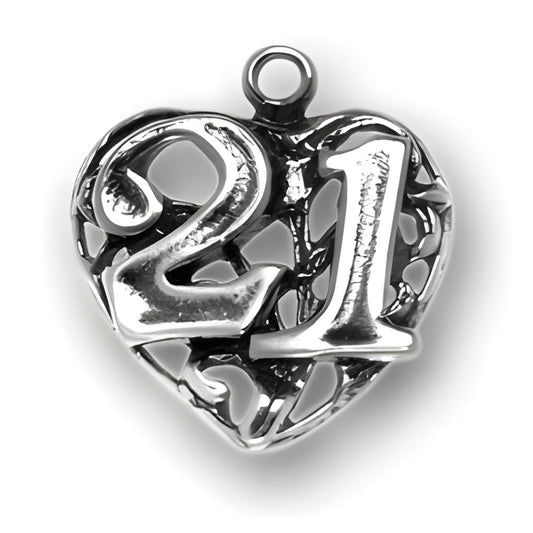 Sterling silver charm featuring the number 21 on a decorative heart design with an openwork pattern.
