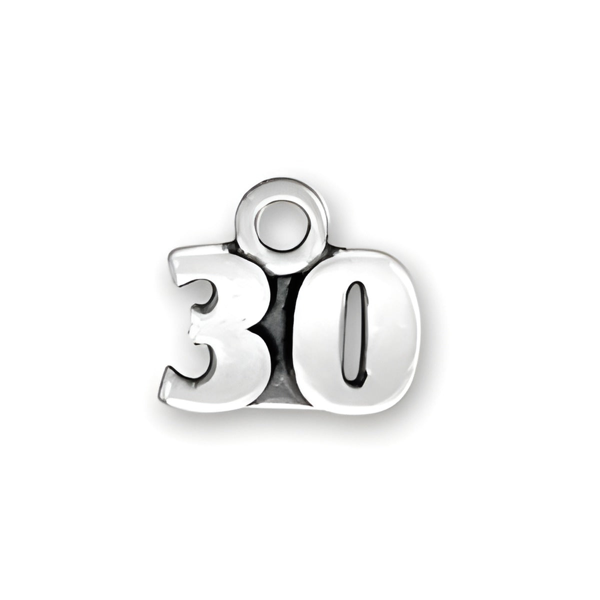 Sterling Silver 30 Charm featuring a polished design with the number '30' prominently displayed.