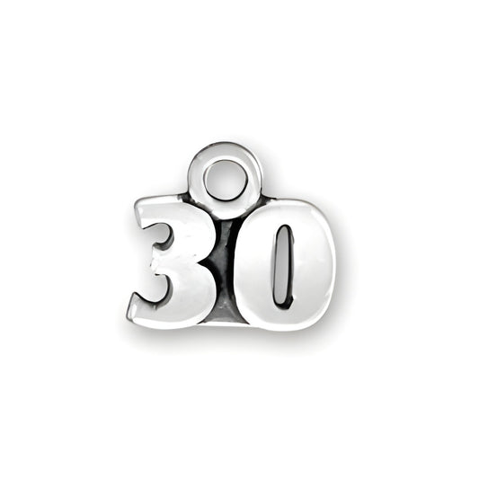 Sterling Silver 30 Charm featuring a polished design with the number '30' prominently displayed.