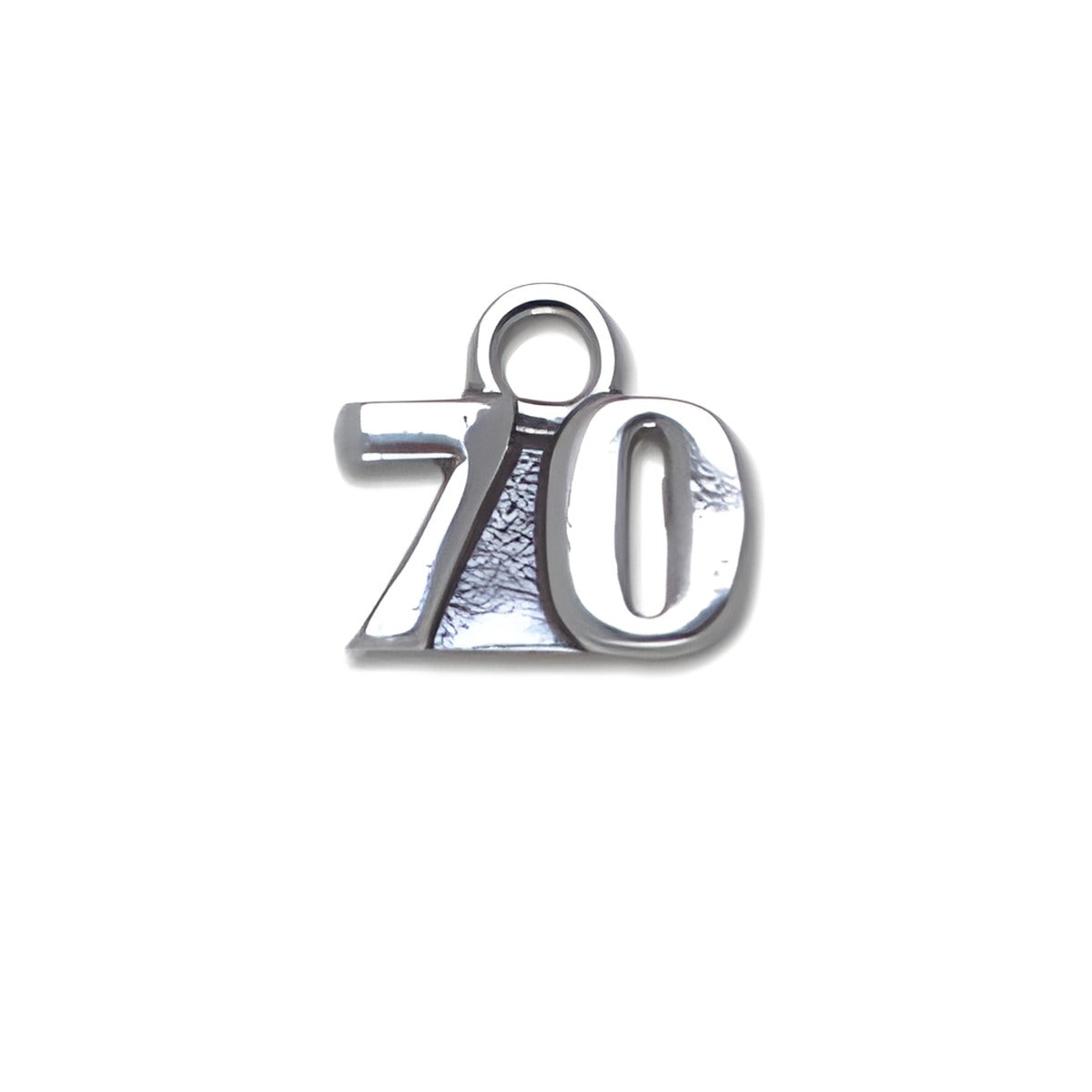 Sterling Silver 70 Charm, featuring a polished number '70' design with a loop for attachment.