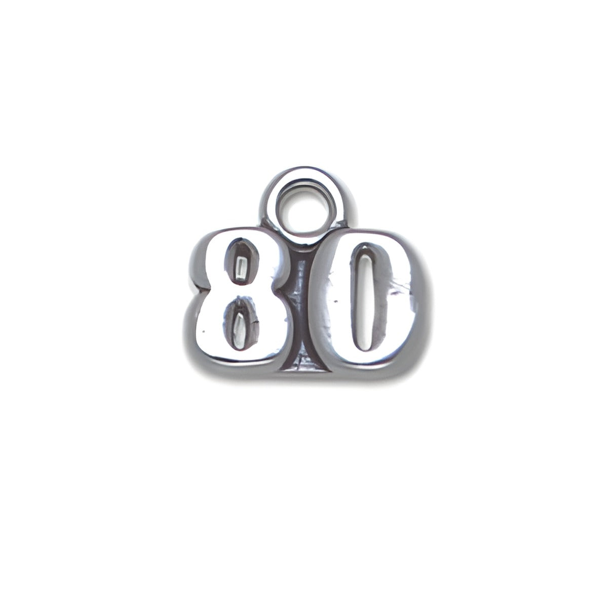 Sterling Silver 80 Charm featuring the number '80' in a bold, polished design with a loop for attachment.