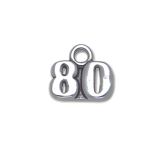 Sterling Silver 80 Charm featuring the number '80' in a bold, polished design with a loop for attachment.
