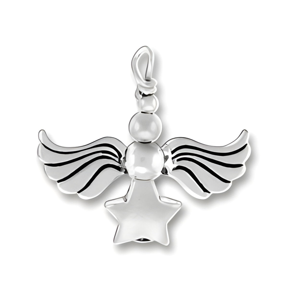 Sterling Silver Angel Charm featuring wings, a round body, and a star pendant at the bottom.
