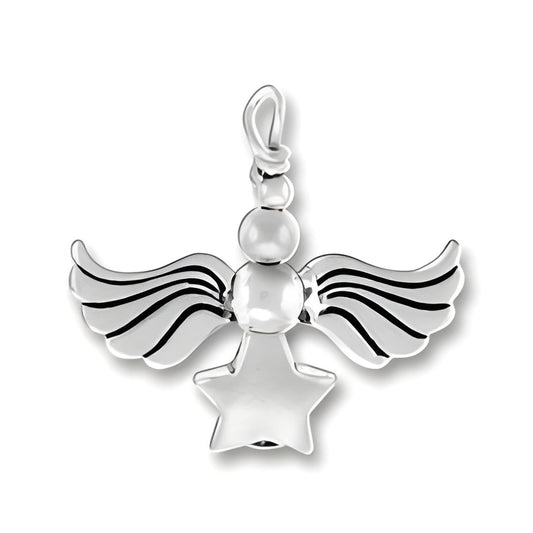 Sterling Silver Angel Charm featuring wings, a round body, and a star pendant at the bottom.