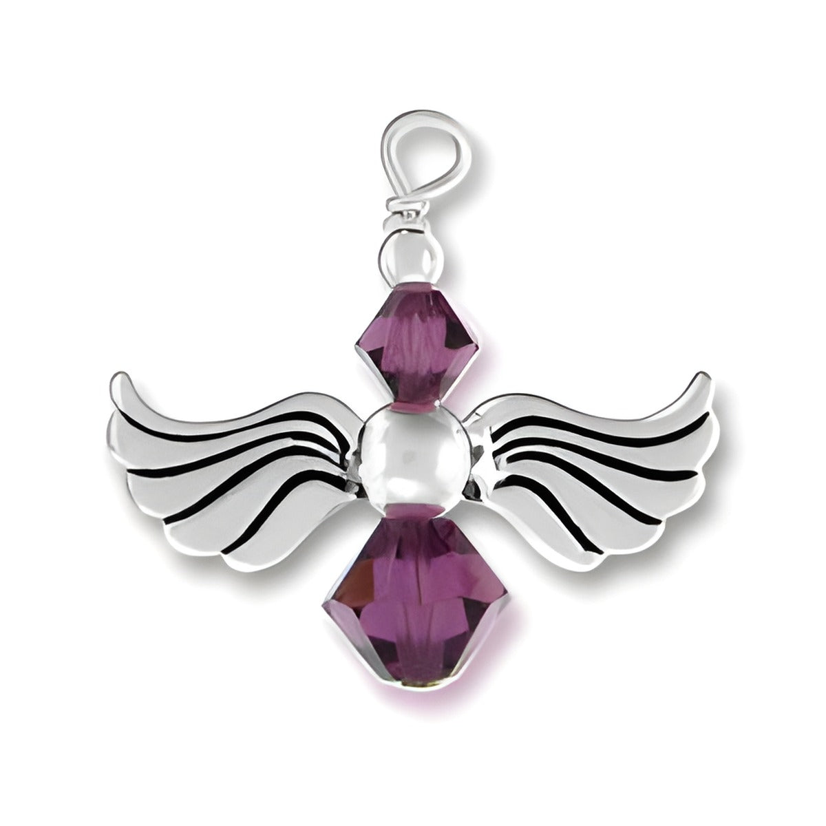 Sterling Silver Angel Charm featuring amethyst glass beads, showcasing detailed wings and a polished finish.