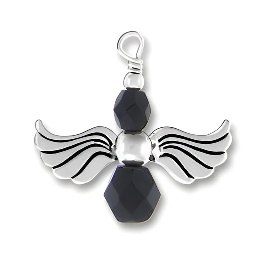 Sterling Silver Angel Charm featuring intricate wing details and black glass beads, showcasing a polished finish.