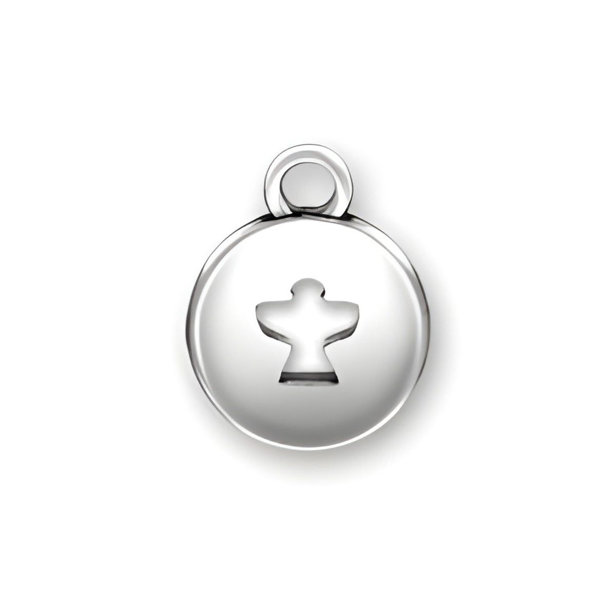 Sterling Silver Angel Domed Message Charm featuring a cut-out angel design in a polished circular charm.
