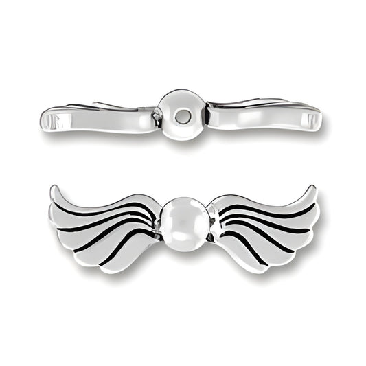 Sterling Silver Angel Wings Bead featuring detailed wing designs and a central bead, showcasing a polished finish.