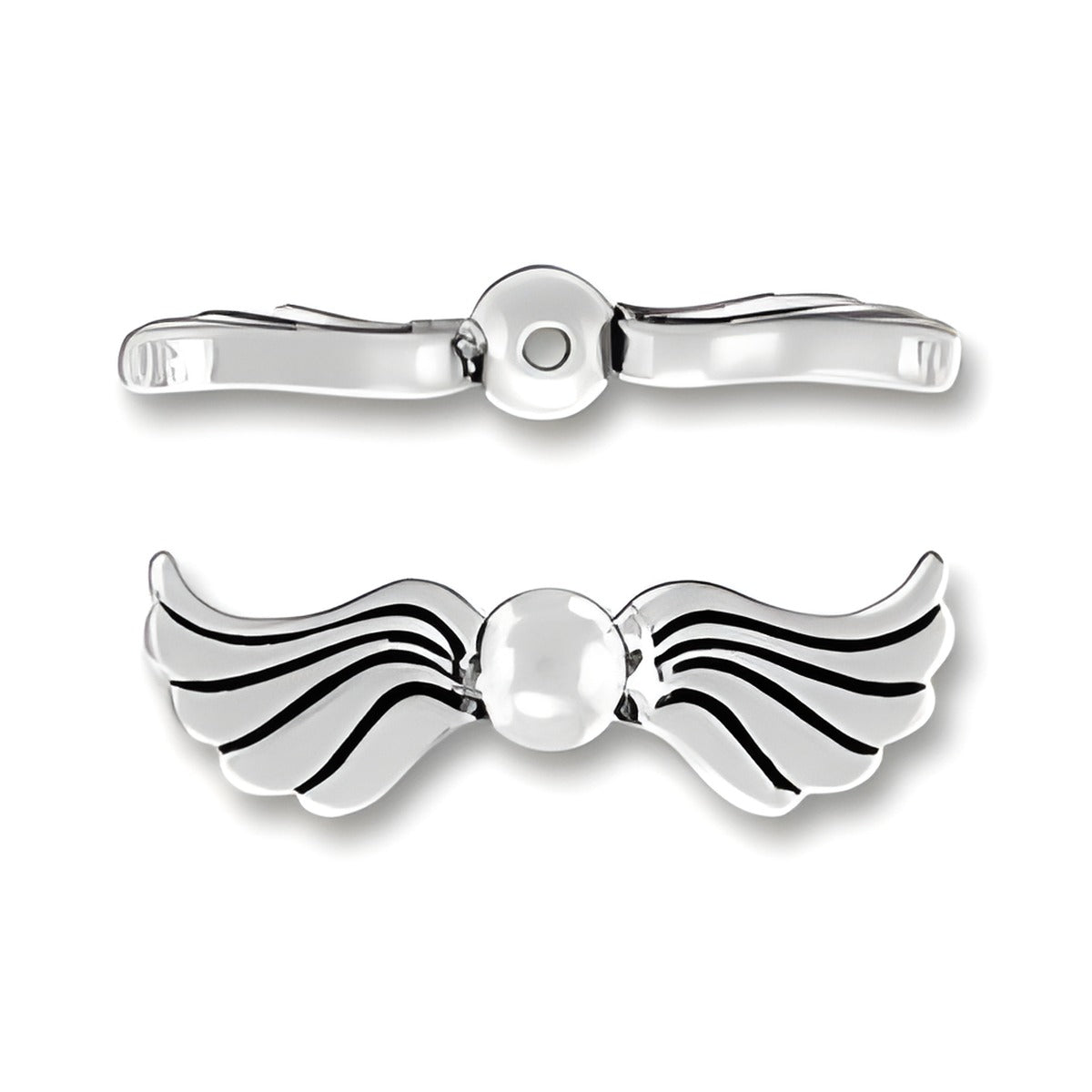 Sterling Silver Angel Wings Bead featuring detailed wing design and a central bead, crafted from sterling silver.