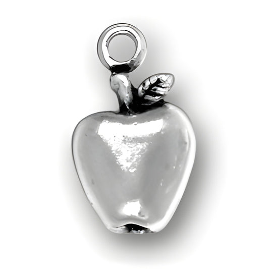 Sterling Silver Apple for the Teacher Charm, featuring a shiny apple design with a leaf and a loop for attachment.