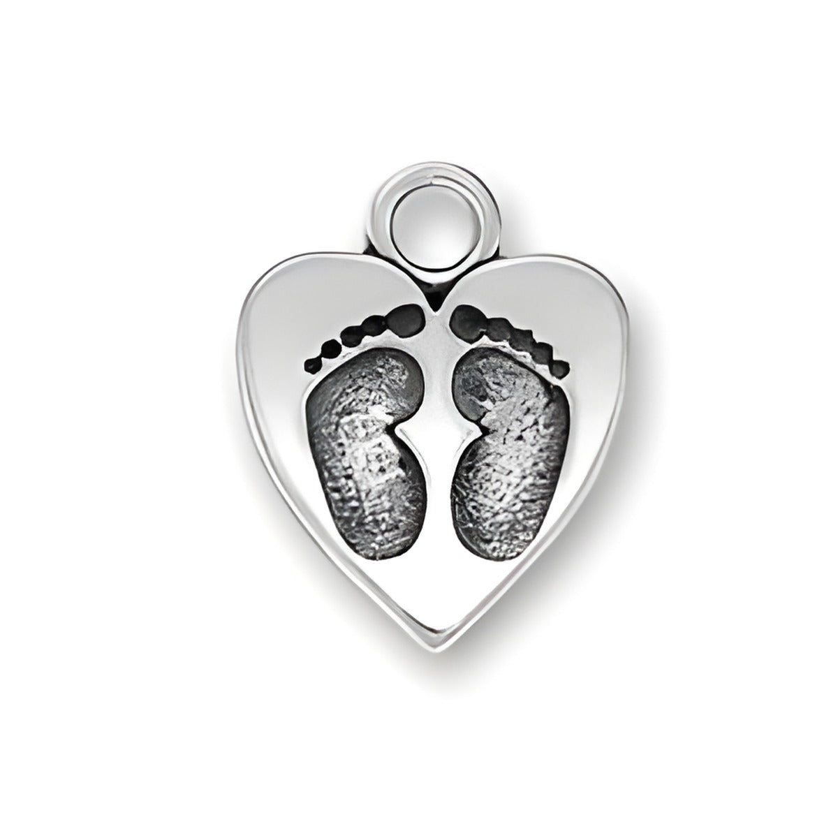 Charm Factory Sterling Silver Baby Feet Heart Charm featuring detailed baby footprints within a heart shape.