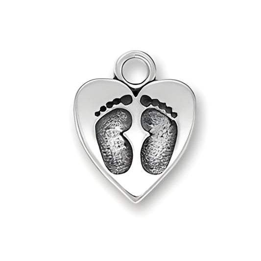 Charm Factory Sterling Silver Baby Feet Heart Charm featuring detailed baby footprints within a heart shape.