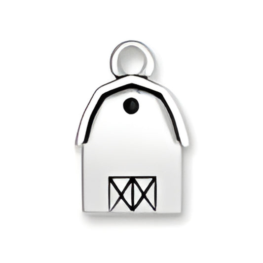 Sterling Silver Barn Charm featuring a barn shape with a black dot and detailed door design.