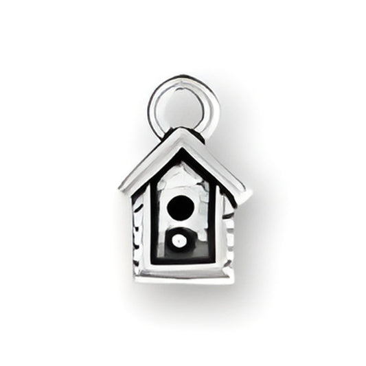 Sterling Silver Bird House Charm featuring a detailed design with a round entrance hole and a loop for attachment.