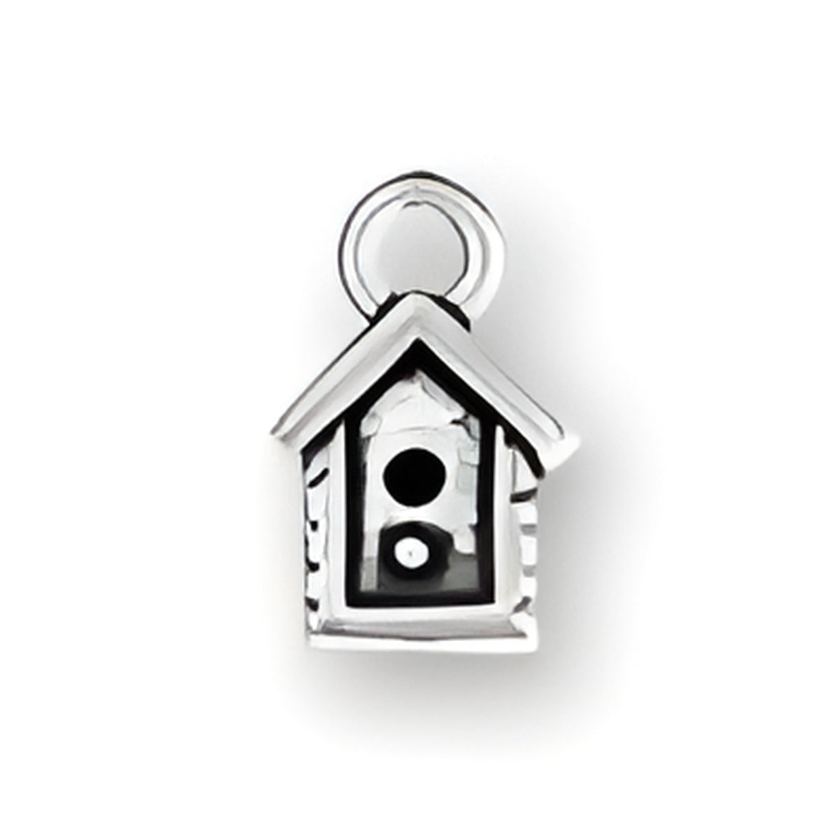 Sterling Silver Bird House Charm featuring a detailed design with a round entrance hole and a loop for attachment. Alt view.