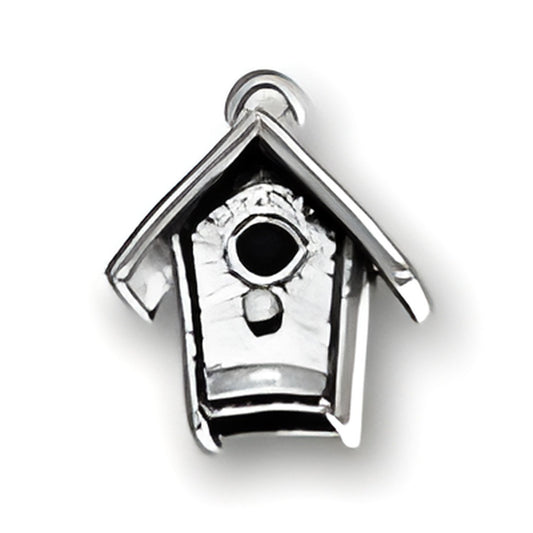 Sterling Silver Birdhouse Charm featuring a detailed design with a round entrance hole and a sloped roof.