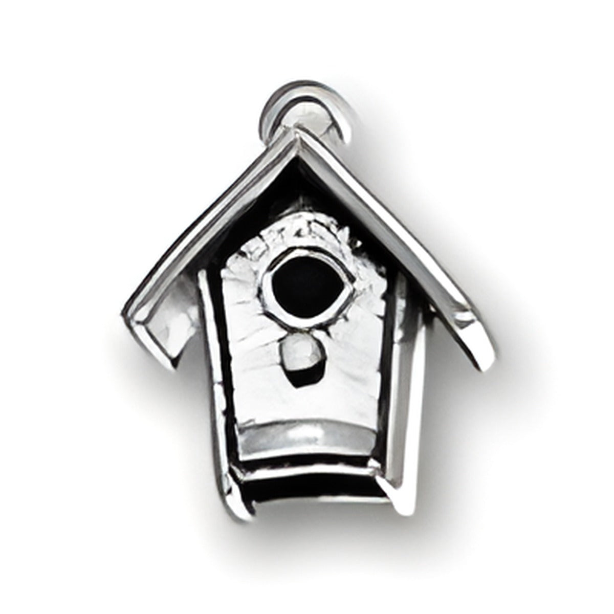 Sterling Silver Birdhouse Charm featuring a detailed design with a round entrance hole and a sloped roof. Alt view.