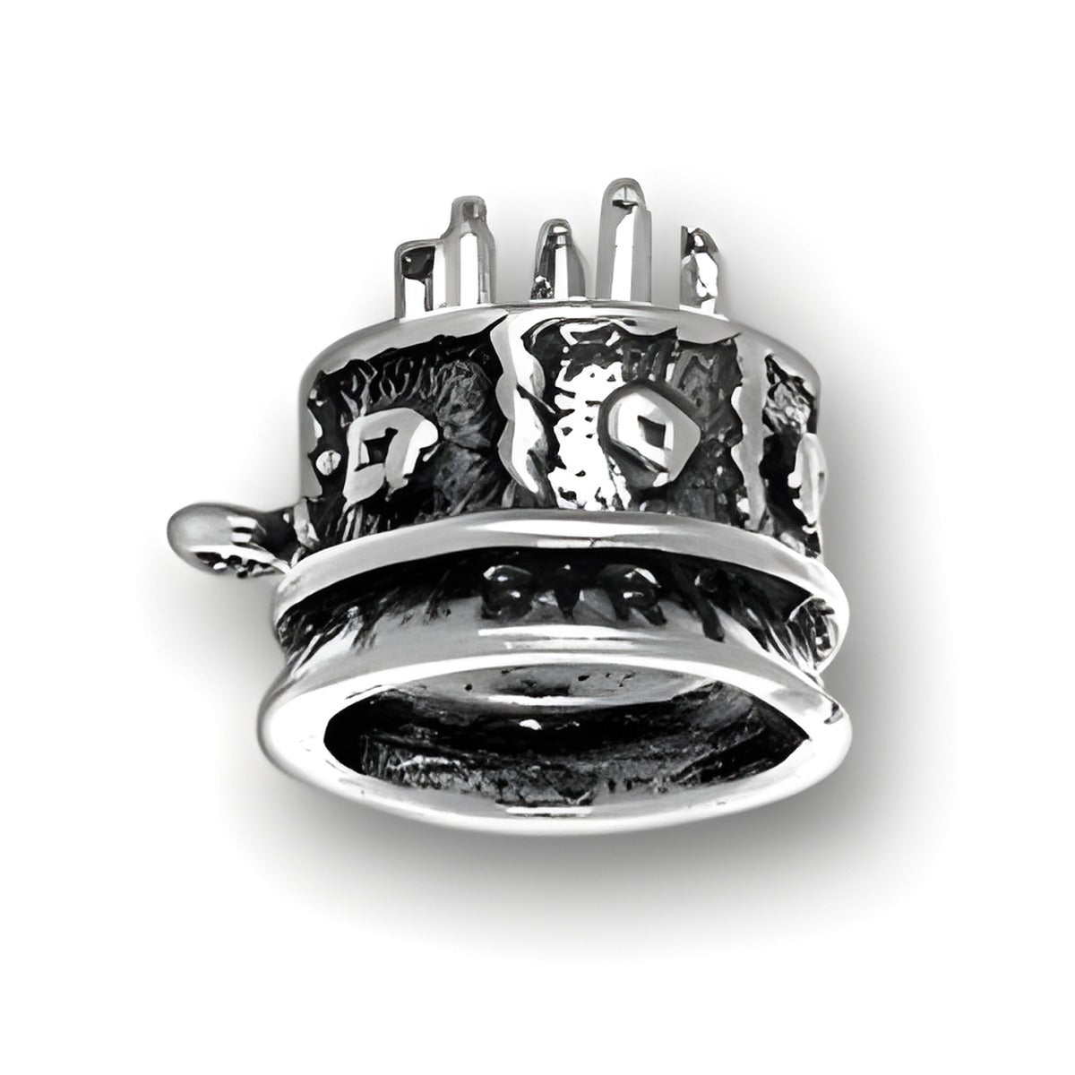 Sterling Silver Birthday Cake Charm featuring detailed frosting and candles on top, showcasing a festive design.