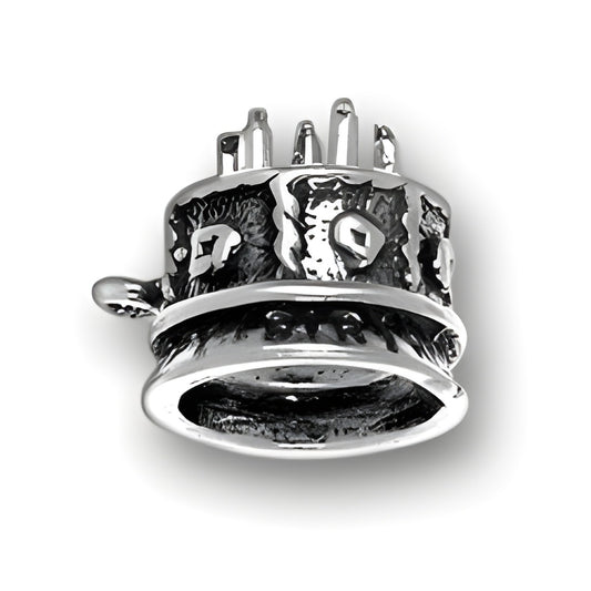 Sterling Silver Birthday Cake Charm featuring detailed frosting and candles on top, showcasing a festive design.