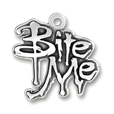 Sterling Silver Bite Me Charm featuring a stylized, dripping text design with a loop for attachment.