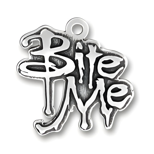 Sterling Silver Bite Me Charm featuring a stylized, dripping text design with a loop for attachment.