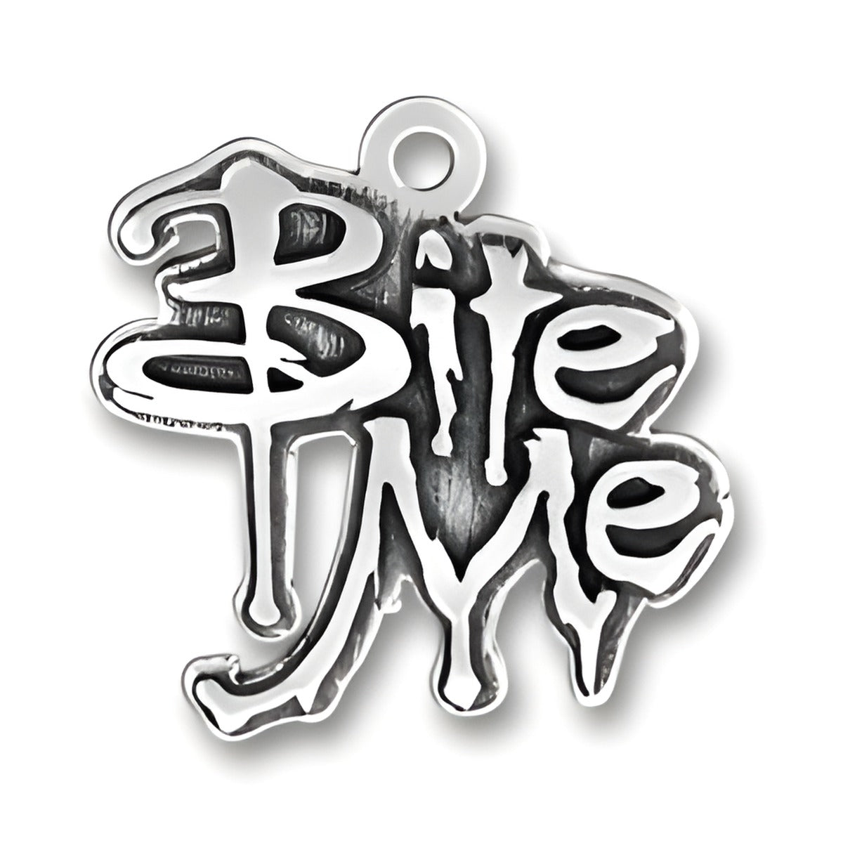 Sterling Silver Bite Me Charm featuring stylized text with a playful design and a loop for attachment.