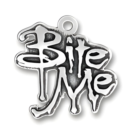 Sterling Silver Bite Me Charm featuring stylized text with a playful design and a loop for attachment.
