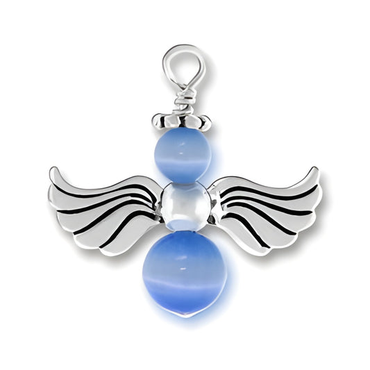 Sterling Silver Blue Angel Charm featuring blue beads and detailed wings, showcasing a delicate angel design.