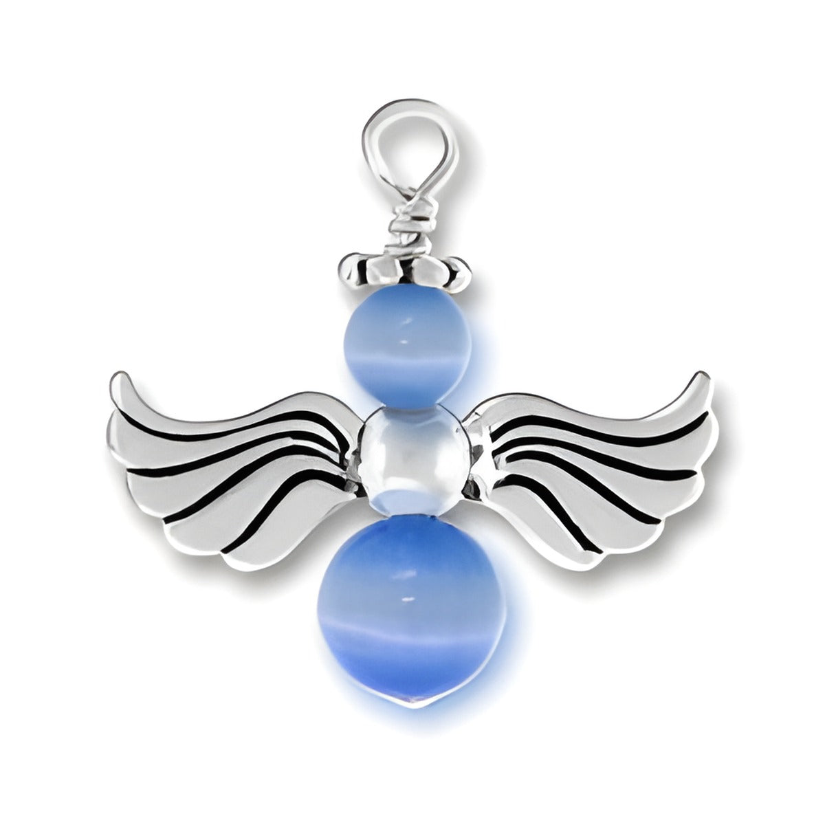 Sterling Silver Blue Angel Charm featuring blue beads and detailed wings, showcasing a delicate angel design.