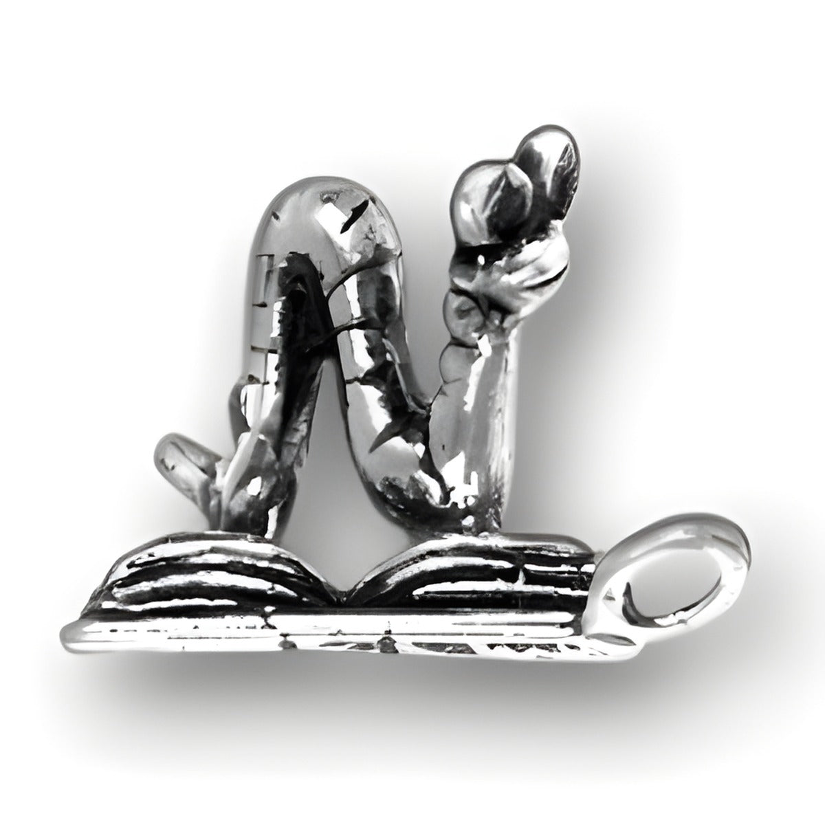 Sterling Silver Bookworm Charm featuring a whimsical worm reading a book, detailed and polished design.