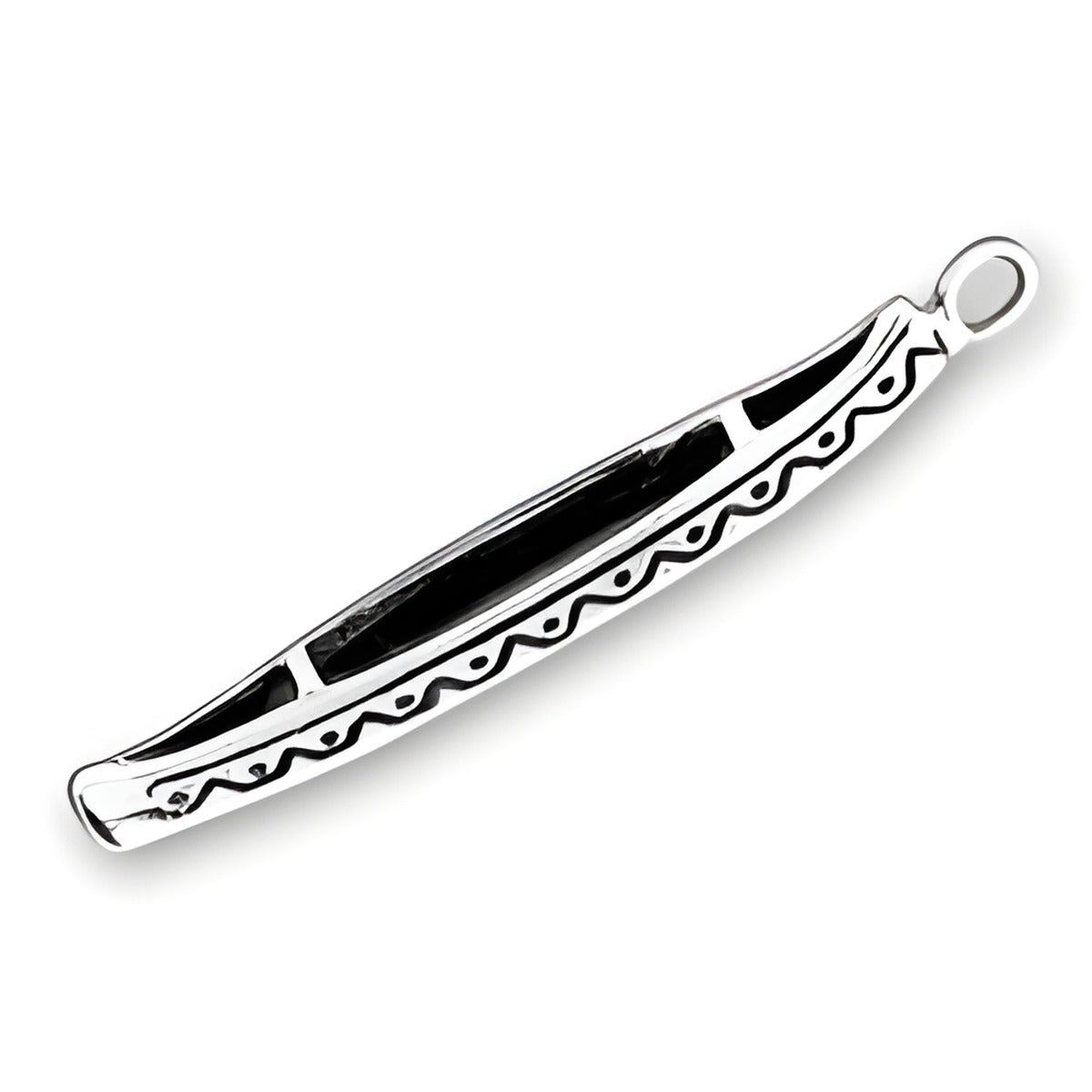 Sterling Silver Canoe Charm featuring intricate detailing and a polished finish, showcasing a classic canoe design.