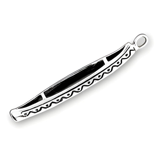 Sterling Silver Canoe Charm featuring a detailed design with a polished finish and decorative patterns.