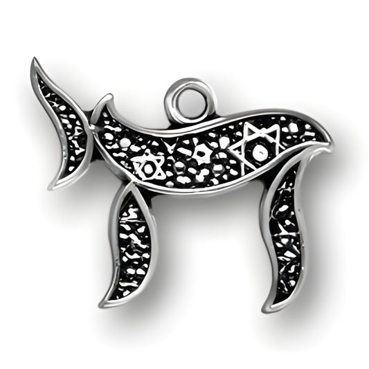 Sterling Silver Chai Charm featuring intricate black detailing and a loop for attachment.