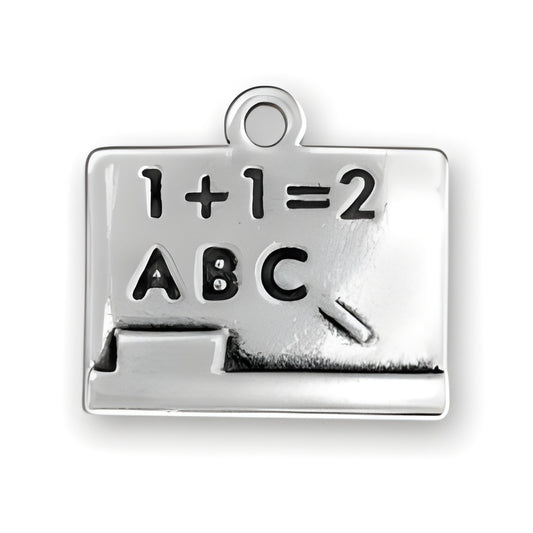 Charm Factory Sterling Silver Chalk Board Charm featuring math and alphabet symbols.