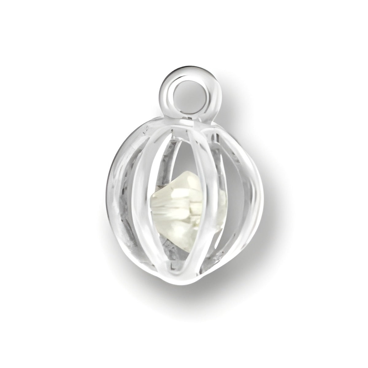 Sterling Silver Clear Crystal Cage Charm featuring a clear crystal encased in a silver cage design.