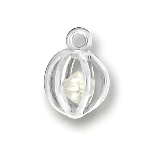 Sterling Silver Clear Crystal Cage Charm featuring a clear crystal encased in a silver cage design.