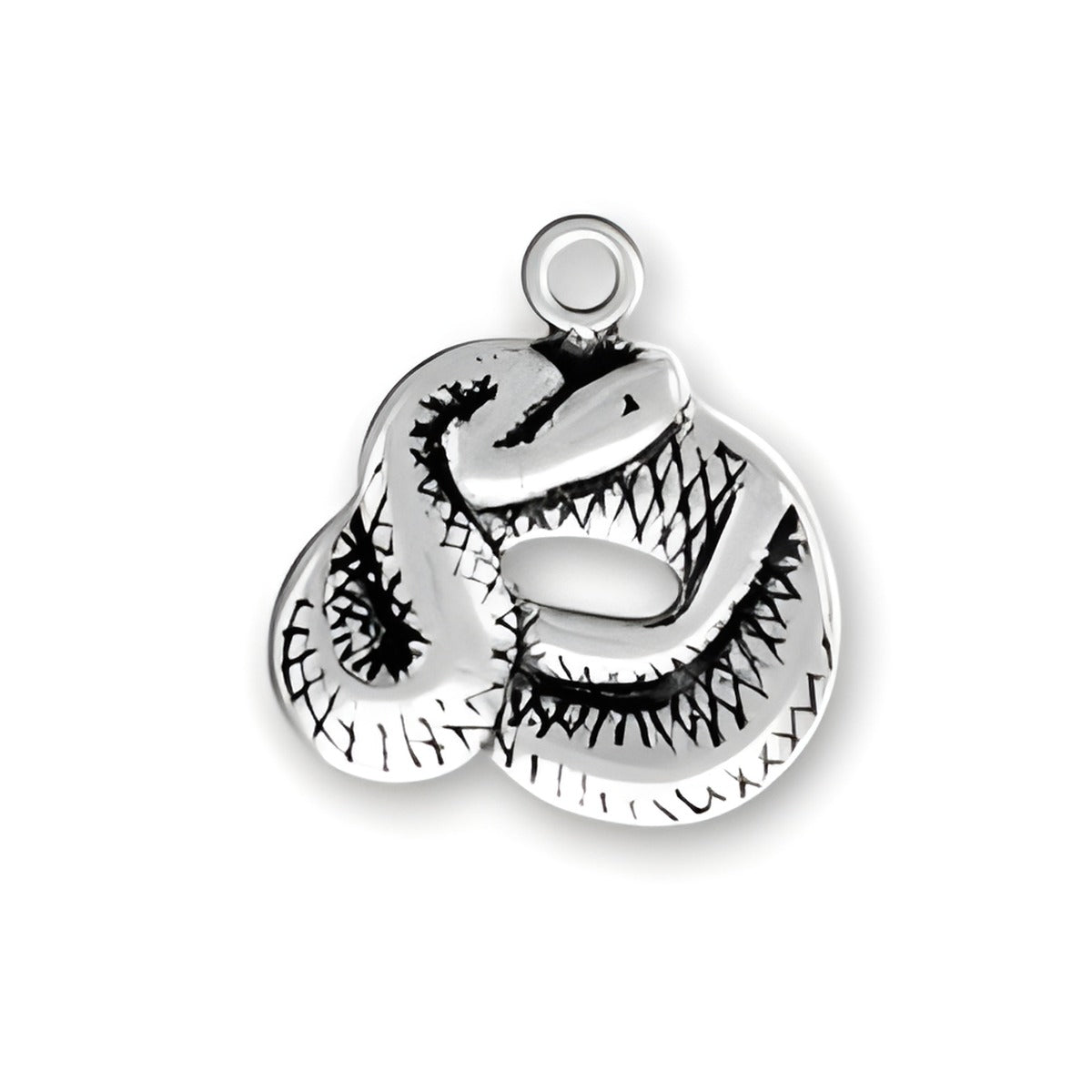 Sterling Silver Coiled Rattlesnake Charm featuring intricate detailing and a loop for attachment.