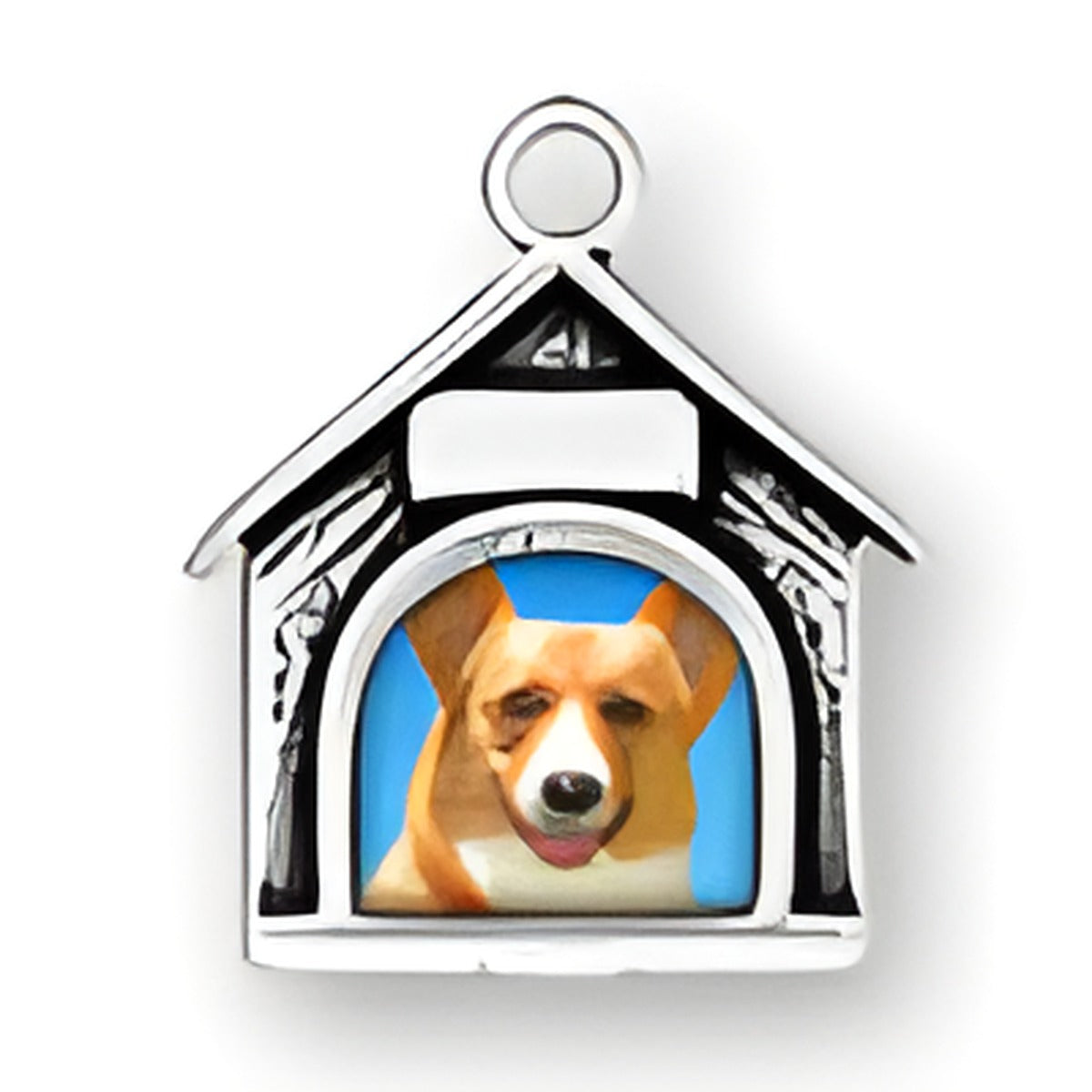 Charm Factory Sterling Silver Dog House Picture Frame featuring a colorful image of a dog inside.