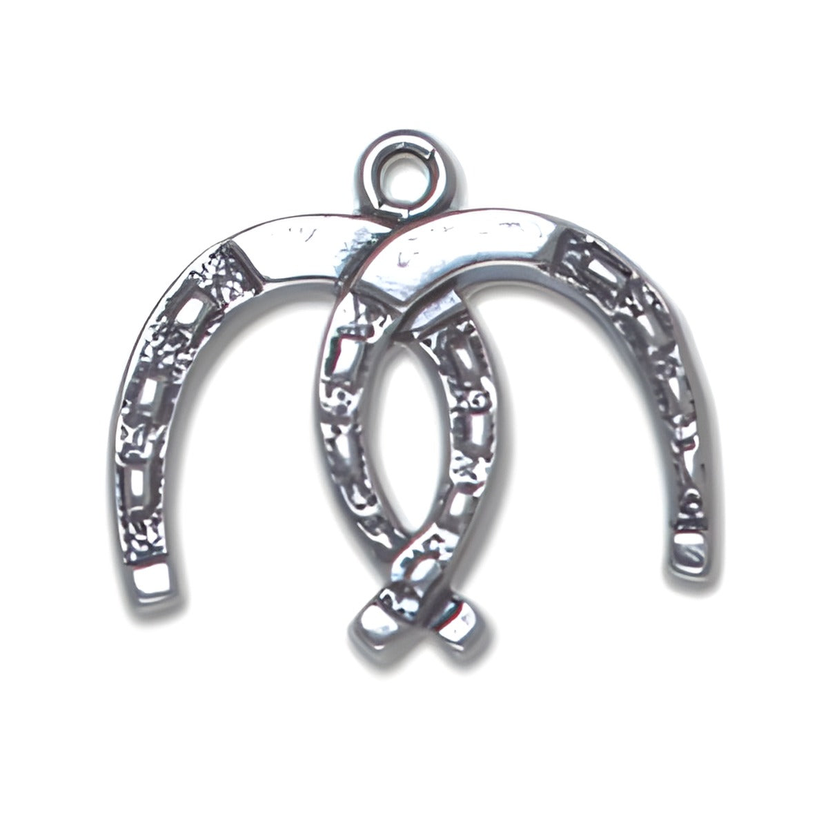 Sterling Silver Double Horseshoe Charm featuring two intertwined horseshoes with detailed engravings.