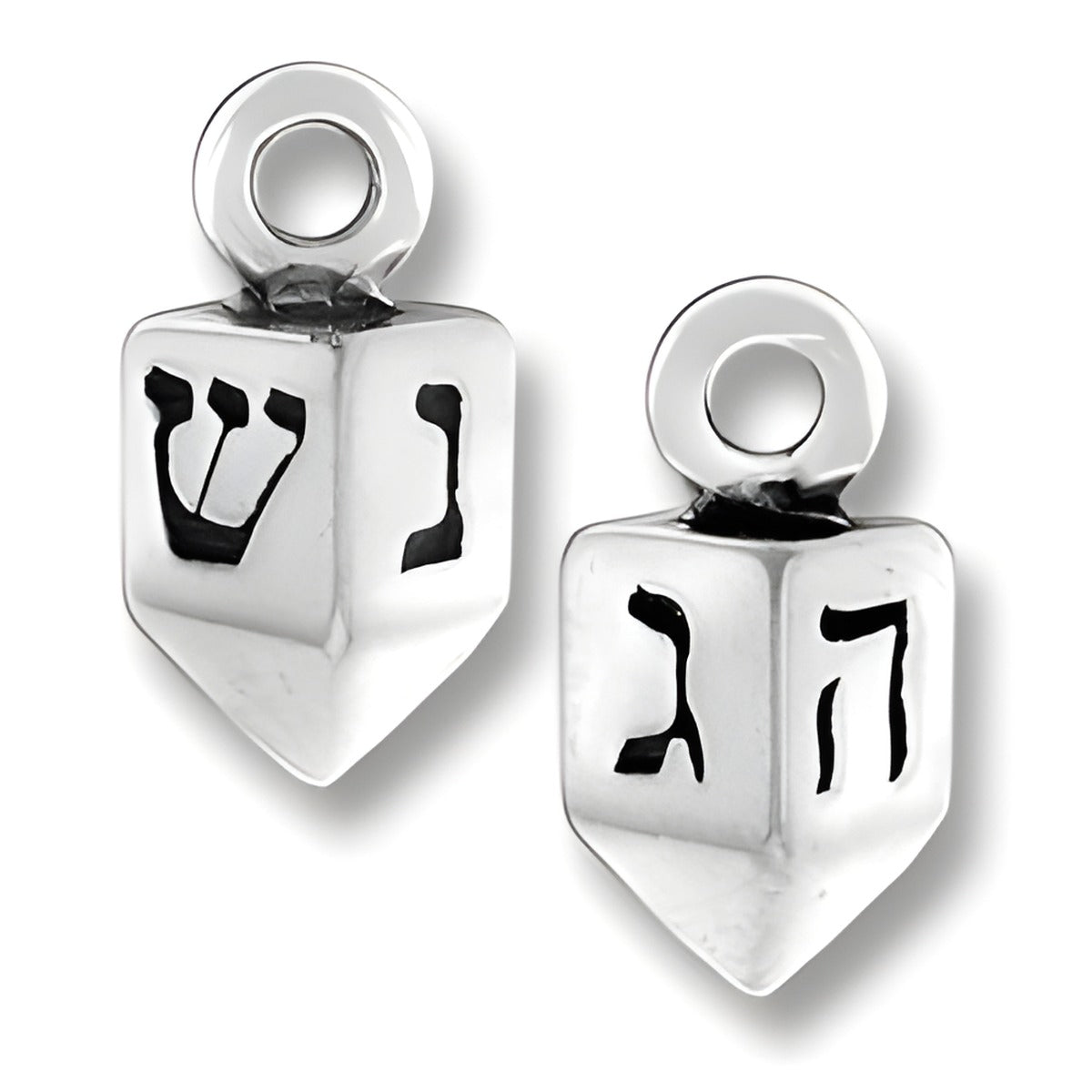 Sterling Silver Dreidel Charm featuring Hebrew letters on each side, designed for charm bracelets or necklaces.