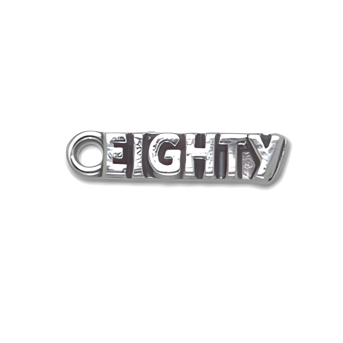 Sterling Silver Eighty Charm featuring the word 'EIGHTY' in bold, polished letters with a loop for attachment.